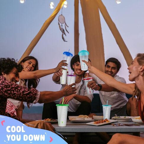 Meoky Confetti Color Changing Cups with Lids and Straws for Iced Coffee, Party, Pool - 6 Pack 24oz Reusable Plastic Tumblers for Kids and Adults in Saudi Arabia