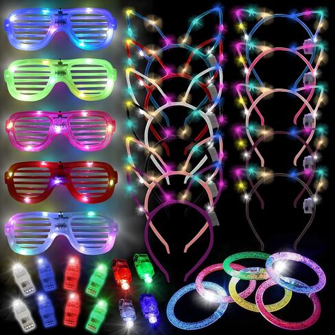 50 Pcs Glow in the dark party supplies For Adults Kids Glow Sticks neon party decorations with 10 LED Glasses 10 LED Cat & Rabbit Ear Headband 30 LED Bracelets & finger lights for Christmas Halloween in Saudi Arabia