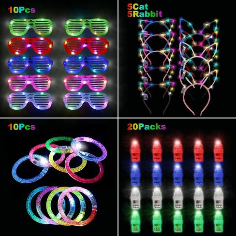 50 Pcs Glow in the dark party supplies For Adults Kids Glow Sticks neon party decorations with 10 LED Glasses 10 LED Cat & Rabbit Ear Headband 30 LED Bracelets & finger lights for Christmas Halloween in Saudi Arabia