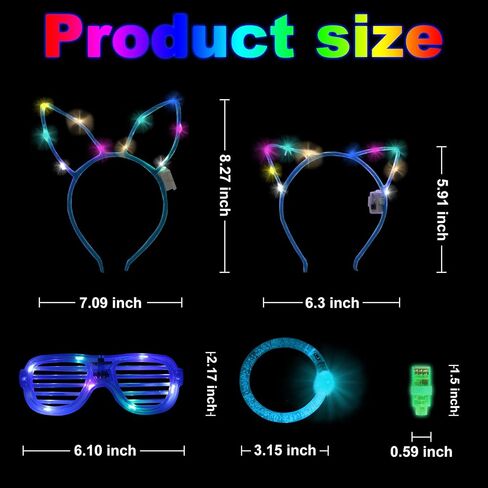 50 Pcs Glow in the dark party supplies For Adults Kids Glow Sticks neon party decorations with 10 LED Glasses 10 LED Cat & Rabbit Ear Headband 30 LED Bracelets & finger lights for Christmas Halloween in Saudi Arabia
