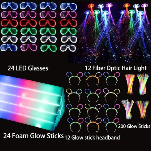 50 Pcs Glow in the dark party supplies For Adults Kids Glow Sticks neon party decorations with 10 LED Glasses 10 LED Cat & Rabbit Ear Headband 30 LED Bracelets & finger lights for Christmas Halloween in Saudi Arabia