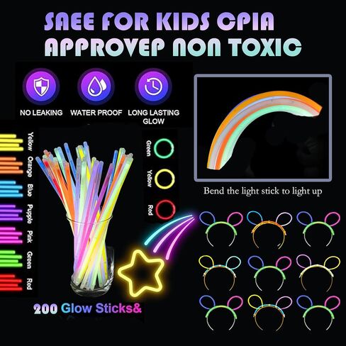 50 Pcs Glow in the dark party supplies For Adults Kids Glow Sticks neon party decorations with 10 LED Glasses 10 LED Cat & Rabbit Ear Headband 30 LED Bracelets & finger lights for Christmas Halloween in Saudi Arabia