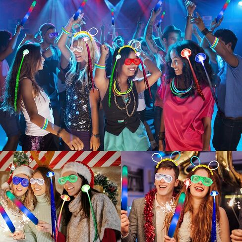 50 Pcs Glow in the dark party supplies For Adults Kids Glow Sticks neon party decorations with 10 LED Glasses 10 LED Cat & Rabbit Ear Headband 30 LED Bracelets & finger lights for Christmas Halloween in Saudi Arabia