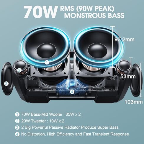 70W Loud Bluetooth Speaker Wireless, W-KING Outdoor Portable Speaker Bluetooth Waterproof with Lights, IPX6/Heavy Bass/Stereo Pairing, Party Bluetooth Speakers Hifi Mic Slot/42H Play/Power Bank/TF/AUX in Kuwait