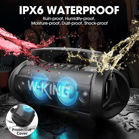 70W Loud Bluetooth Speaker Wireless, W-KING Outdoor Portable Speaker Bluetooth Waterproof with Lights, IPX6/Heavy Bass/Stereo Pairing, Party Bluetooth Speakers Hifi Mic Slot/42H Play/Power Bank/TF/AUX in Kuwait