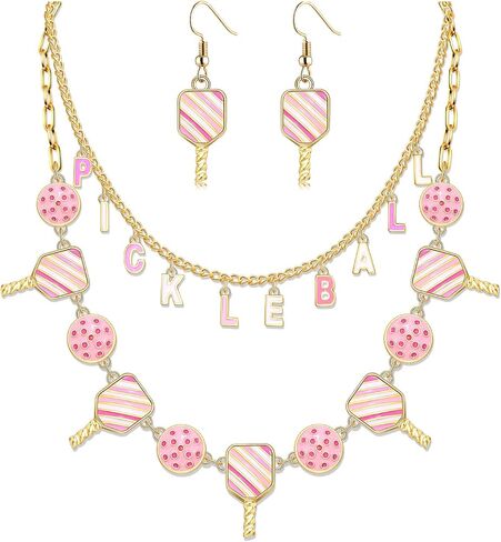 Pickleball Necklace Earrings Set for Women Layered Pickleball Choker Necklace Pink Pickleball Paddle Earrings Game Day Sport Pickleball Jewelry Accessories Gifts in Kuwait
