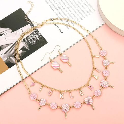 Pickleball Necklace Earrings Set for Women Layered Pickleball Choker Necklace Pink Pickleball Paddle Earrings Game Day Sport Pickleball Jewelry Accessories Gifts in Kuwait
