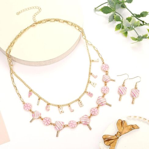 Pickleball Necklace Earrings Set for Women Layered Pickleball Choker Necklace Pink Pickleball Paddle Earrings Game Day Sport Pickleball Jewelry Accessories Gifts in Kuwait