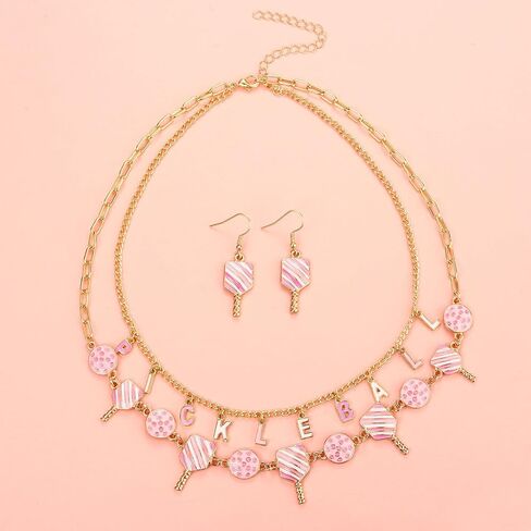 Pickleball Necklace Earrings Set for Women Layered Pickleball Choker Necklace Pink Pickleball Paddle Earrings Game Day Sport Pickleball Jewelry Accessories Gifts in Kuwait
