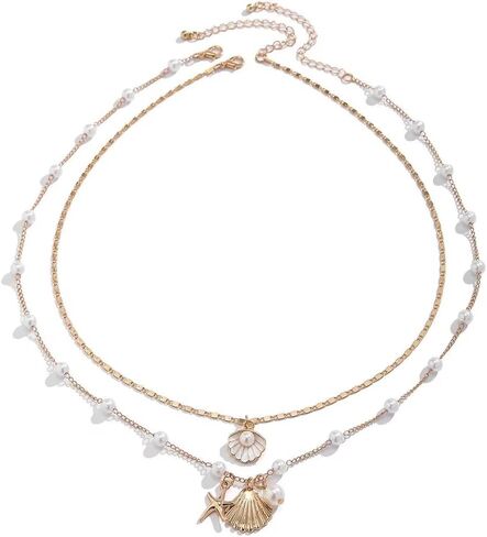 Bohemian Gold Plated Layered Sequins Starfish Conch Seashell Choker Necklaces Set Imitation Pearl Beaded Necklace for Women Girls Summer Beach Holiday Jewelry in Saudi Arabia