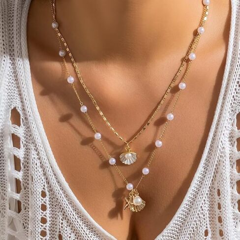 Bohemian Gold Plated Layered Sequins Starfish Conch Seashell Choker Necklaces Set Imitation Pearl Beaded Necklace for Women Girls Summer Beach Holiday Jewelry in Saudi Arabia