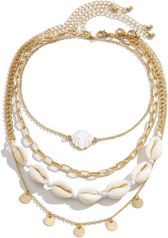 Bohemian Gold Plated Layered Sequins Starfish Conch Seashell Choker Necklaces Set Imitation Pearl Beaded Necklace for Women Girls Summer Beach Holiday Jewelry in Saudi Arabia