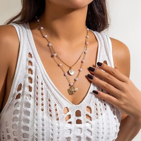 Bohemian Gold Plated Layered Sequins Starfish Conch Seashell Choker Necklaces Set Imitation Pearl Beaded Necklace for Women Girls Summer Beach Holiday Jewelry in Saudi Arabia