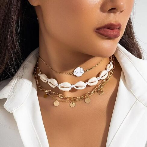 Bohemian Gold Plated Layered Sequins Starfish Conch Seashell Choker Necklaces Set Imitation Pearl Beaded Necklace for Women Girls Summer Beach Holiday Jewelry in Saudi Arabia