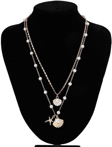 Bohemian Gold Plated Layered Sequins Starfish Conch Seashell Choker Necklaces Set Imitation Pearl Beaded Necklace for Women Girls Summer Beach Holiday Jewelry in Saudi Arabia