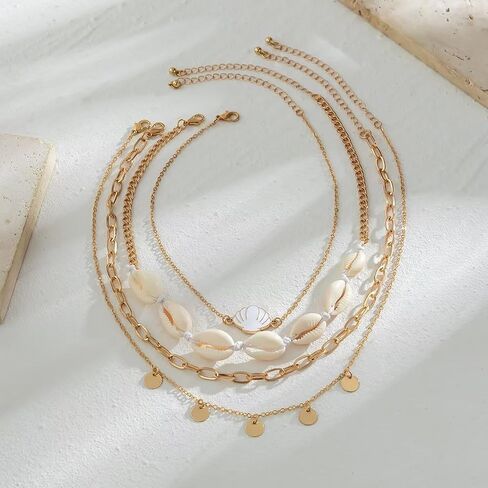 Bohemian Gold Plated Layered Sequins Starfish Conch Seashell Choker Necklaces Set Imitation Pearl Beaded Necklace for Women Girls Summer Beach Holiday Jewelry in Saudi Arabia