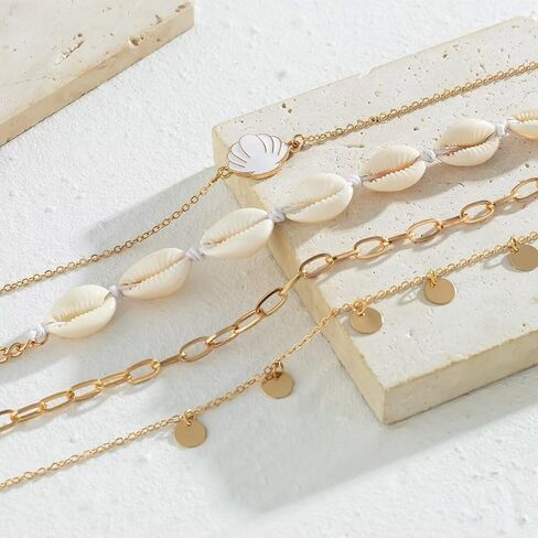 Bohemian Gold Plated Layered Sequins Starfish Conch Seashell Choker Necklaces Set Imitation Pearl Beaded Necklace for Women Girls Summer Beach Holiday Jewelry in Saudi Arabia