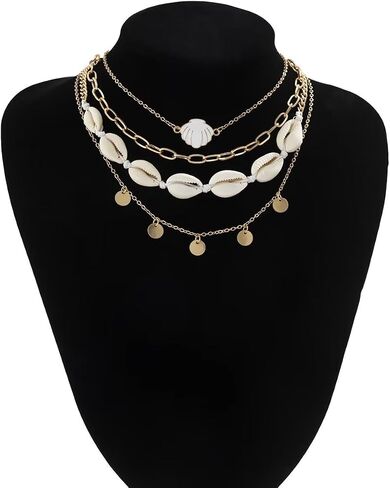 Bohemian Gold Plated Layered Sequins Starfish Conch Seashell Choker Necklaces Set Imitation Pearl Beaded Necklace for Women Girls Summer Beach Holiday Jewelry in Saudi Arabia