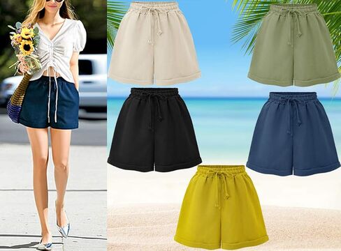XinYangNi Casual Women's Elastic Waist Drawstring Loose Wide Leg Beach Shorts in Saudi Arabia