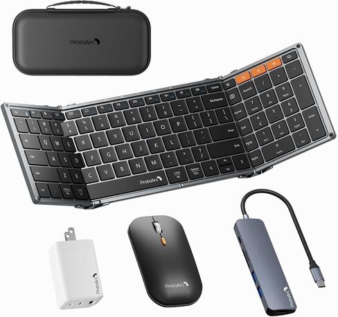 ProtoArc Foldable Keyboard and Mouse, XKM01 LX Portable Wireless Keyboard Mouse with 6-in-1 USB C Hub & 65W Wall Charger Set, Travel Business Essentials for Laptop MacBook iPad iPhone Tablets in Saudi Arabia