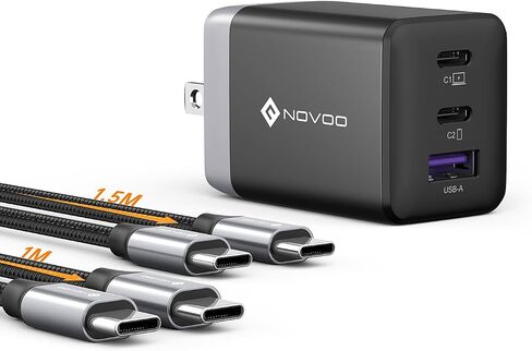 شاحن NOVOO 67W USB C، شاحن 3 منافذ GaN، PD3.0/PPS، محول USB C مدمج قابل للطي 65W/45W/30W، شاحن سريع لجهاز MacBook Air/iPhone 15/15 Pro/15 Max/iPad Pro/Galaxy S24/ S23 (يتضمن كابلين CtoC) in Saudi Arabia