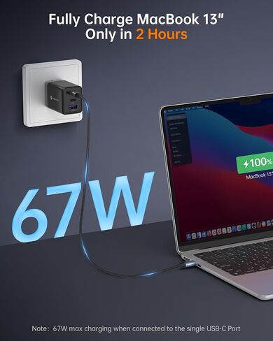 شاحن NOVOO 67W USB C، شاحن 3 منافذ GaN، PD3.0/PPS، محول USB C مدمج قابل للطي 65W/45W/30W، شاحن سريع لجهاز MacBook Air/iPhone 15/15 Pro/15 Max/iPad Pro/Galaxy S24/ S23 (يتضمن كابلين CtoC) in Saudi Arabia