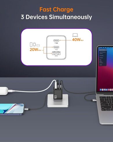 شاحن NOVOO 67W USB C، شاحن 3 منافذ GaN، PD3.0/PPS، محول USB C مدمج قابل للطي 65W/45W/30W، شاحن سريع لجهاز MacBook Air/iPhone 15/15 Pro/15 Max/iPad Pro/Galaxy S24/ S23 (يتضمن كابلين CtoC) in Saudi Arabia