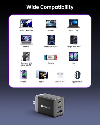 شاحن NOVOO 67W USB C، شاحن 3 منافذ GaN، PD3.0/PPS، محول USB C مدمج قابل للطي 65W/45W/30W، شاحن سريع لجهاز MacBook Air/iPhone 15/15 Pro/15 Max/iPad Pro/Galaxy S24/ S23 (يتضمن كابلين CtoC) in Saudi Arabia
