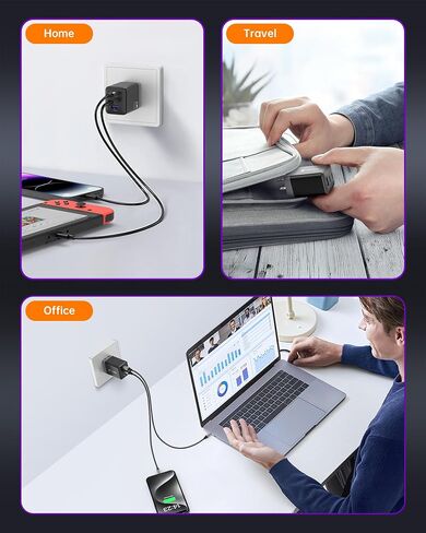 شاحن NOVOO 67W USB C، شاحن 3 منافذ GaN، PD3.0/PPS، محول USB C مدمج قابل للطي 65W/45W/30W، شاحن سريع لجهاز MacBook Air/iPhone 15/15 Pro/15 Max/iPad Pro/Galaxy S24/ S23 (يتضمن كابلين CtoC) in Saudi Arabia