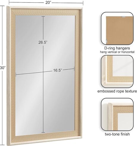 Kate and Laurel Taraji Coastal Rectangle Wall Mirror, 24 x 36, Light Tan, Modern Rectangular Statement Mirror with Two-Tone Finish and Embossed Rope Texture in Saudi Arabia