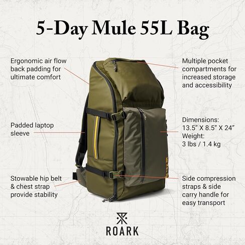 حقيبة ظهر Roark 5 Day Mule 55L، حزمة سفر متعددة الأيام مع مساحة تخزين للكمبيوتر المحمول، عسكرية in Kuwait