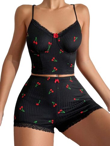 WDIRARA Women's 2 Piece Sleepwear Fruit Cherry Print Lace Trim Sleeveless Cami Top and Shorts Pajama Set in Saudi Arabia