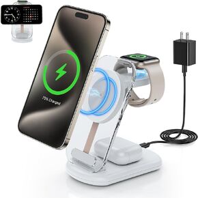 2024 Version 3 in 1 Wireless Fast Charging Station for iPhone Apple Watch,Foldable Charger Stand Dock Multiple Devices for 15/14/13/12,iWatch Ultra/SE/9/8/7/6/5/4/3/2/1, Air Pods 3/2/Pro (White)