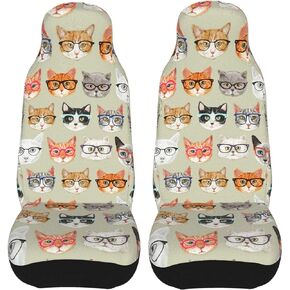 BLUBLU Car Front Seat Covers 2 PCS, Vehicle Seat Protector Car Mat Covers, Fit Most Cars, Sedan, SUV, Van - Cat with Glasses