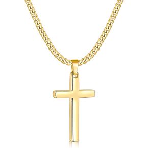 Fiusem Cross Necklace for Men, Gold Plated Mens Cross Necklaces with 3.5mm Cross Chain and Stainless Steel Cross Pendant, Cuban Chain 16-24 Inch