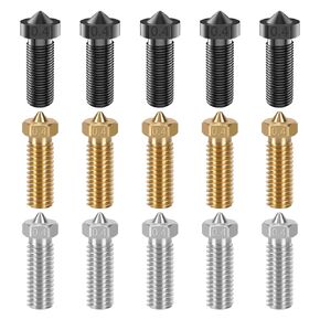15PCS Volcano 0.4mm Nozzle Kit for Anycubic Vyper, Kobra Plus, Kobra Max 3D Printer (Hardened Steel*5 / Stainless Steel*5 / Brass Nozzles*5)
