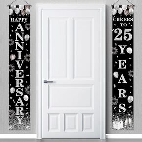 25th Wedding Anniversary Decorations Black Silver Happy 25th Anniversary Porch Sign 25th Wedding Anniversary Banner Party Supplies 25th Silver Anniversary Party Welcome Porch Door Banner for Outdoor