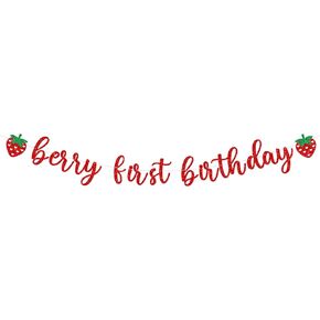 Berry First Birthday Banner, Glitter Strawberry 1st Birthday Decorations Strawberry Baby Shower Party Banner for Girls Strawberry Sweet One Party Supplies