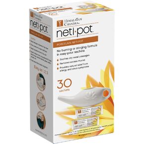 Himalayan Sinus Rinse Porcelain Neti Pot with 30 Sachets, 11 Ounce