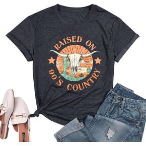 FLOYU Women Raised On 90's Country Shirt Country Music T-Shirt Western Music Tops Vintage Country Clothes