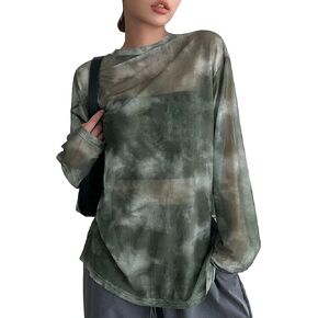 Verdusa Women's Tie Dye Sheer Mesh Top Drop Shoulder Long Sleeve Loose Tee Shirt