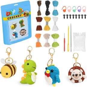 selatala 6PCS Crochet Kit for Beginners, Amigurumi Crocheting Animals Kits with Step-by-Step Video Tutorials Dinosaur, Hedgehog, Crab, Owl, Elephant and Bee, Knitting Starter Pack for Adults