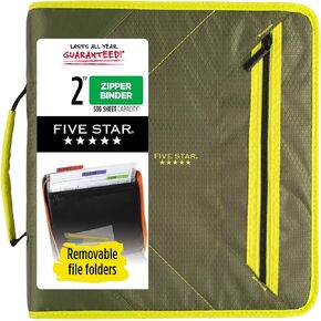 Five Star 2 Inch Zipper Binder Plus File Folders, Olive/Citrus (290360C)