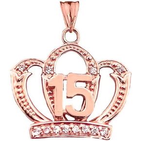 Certified 14k Gold CZ Quinceanera Sweet 15 Años Princess Crown Pendant