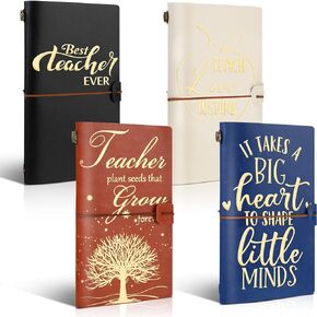 Spakon 4 Pcs Teacher Appreciation Gift Thank You Teacher Leather Journal Retro Refillable Notebook Writing Sketchbook for Teacher School Classroom Party Gift, 4.72 x 7.87 Inch(Black)