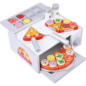 Wooden Pizza Toy for Kids, Toddlers Pizza Counter Playset, Pretend Play Food Set Kitchen Accessories with Bake Oven, Gifts for 3 4 5 6 Years Old Boys Girls