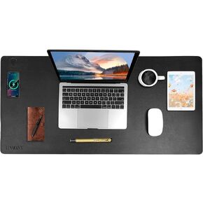 Wireless Charging Mouse Pad with for Desktop Charging Large Desk Mat 32x16 Waterproof Black Leather Computer Mat Mousepad Non-Slip Protector on Top of Desks for Keyboard and Mouse (Black-R)