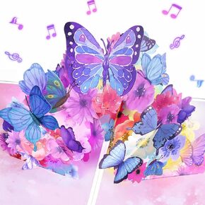 MUSIC & LIGHTS Birthday Card, Pop-up Butterfly Flowers Get Well Soon Thank You Mother's Day Anniversary Card Gifts for Women Wife Sister-Purple Butterflies