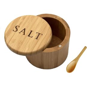Salt Cellar, Bamboo Salt Box, Salt Container With Spoon, Salt Holder With Lid, Salt Shaker, Cumin and Pepper Bowl with Magnetic Swivel Lid (1 box with engraved Salt)… (SALT engraved)
