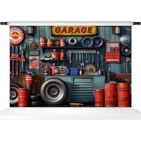 Kate Garage Pet Photo Backdrop Red Tanker Background Tires and Modern Tool Holder Photo Background Studio Props,6.5x6.5ft